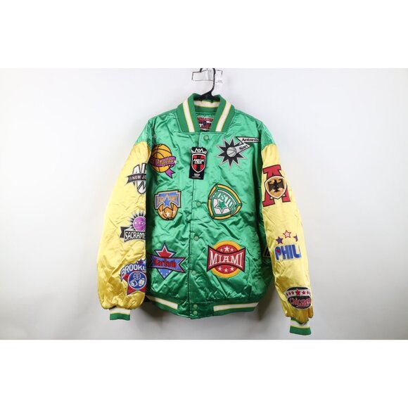 Deadstock Vintage 90s Mens XL NBA Basketball Quilted Satin Bomber Jacket Green